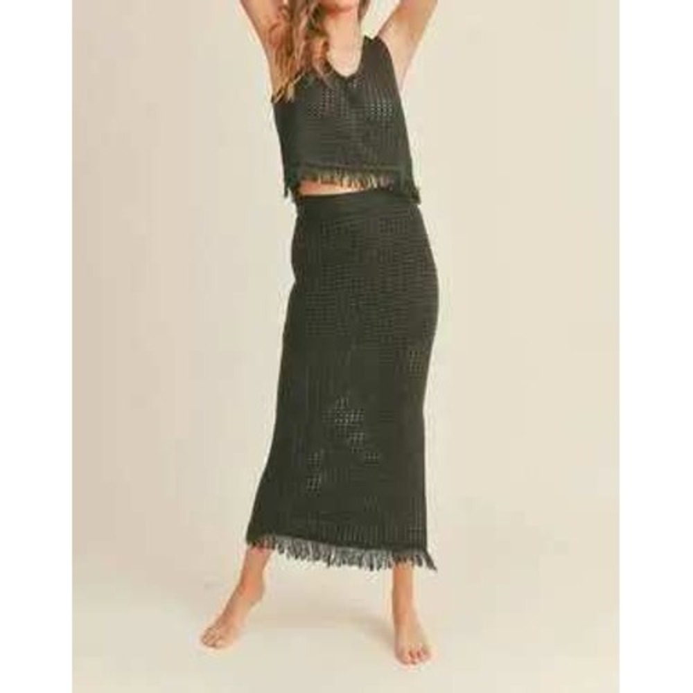 Miou Muse Black Crochet Two Piece Set Fringe Crop Top Midi Skirt Small Medium